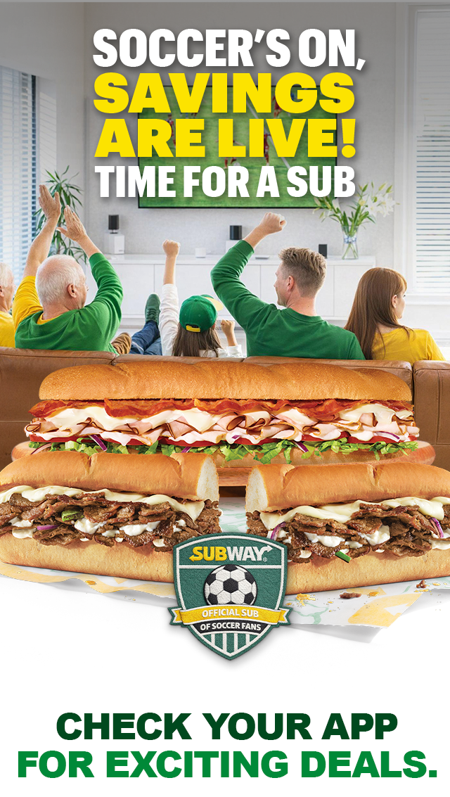 Subway® promotional email highlighting gametime eats in the App or online. Headline text reads “Soccer’s on, savings are live! Time for a sub.” Below highlithes the offer a $6.99 footlong. Additional text encourages checking the app for deals and features a button labeled “Kick it off” and “Order for gametime,” with “Soccer is on. Time for a sub.” at the bottom. The email finishes with a section reminding guests that when USA wins, so do they with 40% Off a Footlong.