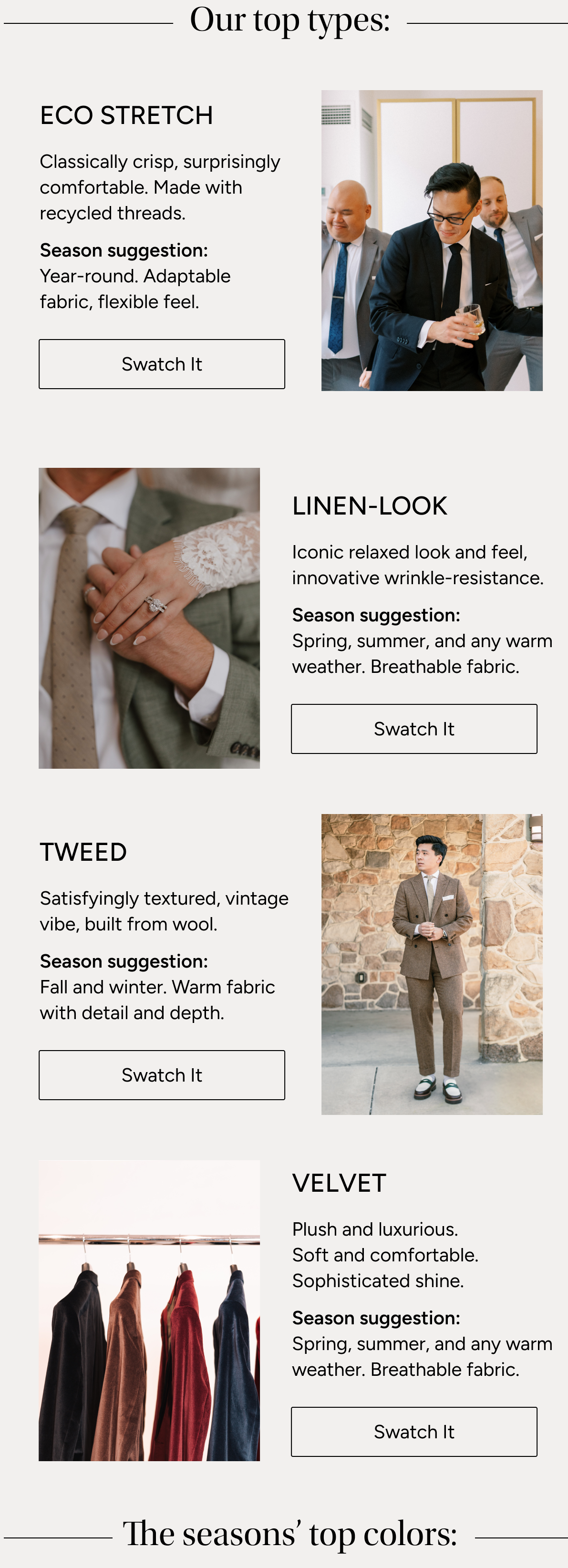 Our Top Types: Eco Stretch, Linen-Look, Tweed, Velvet [SWATCH IT]