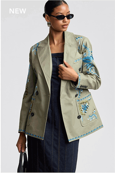 Floral Embroidered Stretch Cotton Twill Double-Breasted Blazer