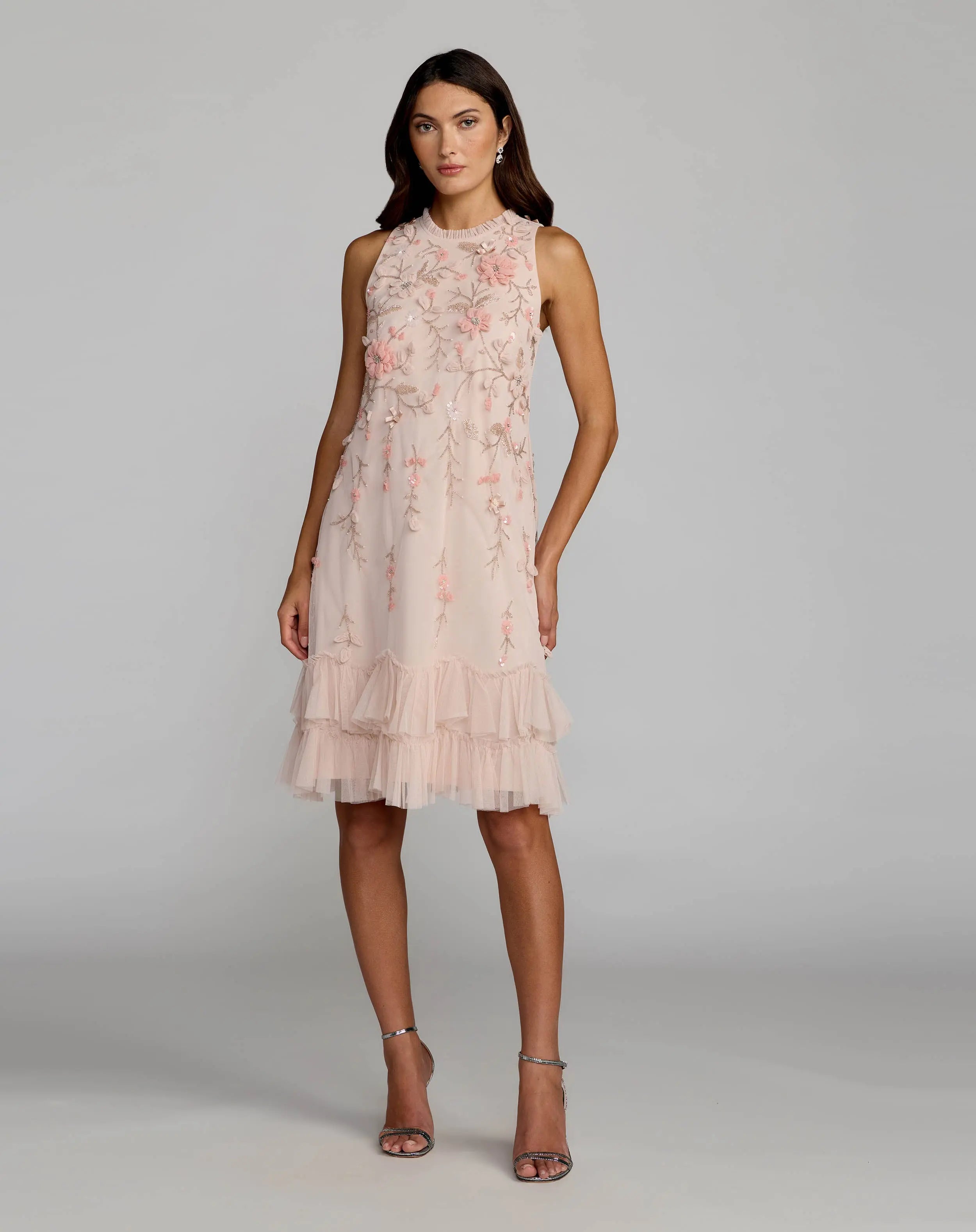 Image of Pink Embellished Ruffle Tiered High Neck Floral Dress