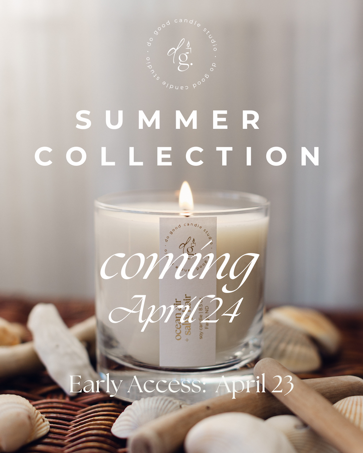 graphic of burning candle surrounded by shells and driftwood with text overlay "summer collection: coming April 24"