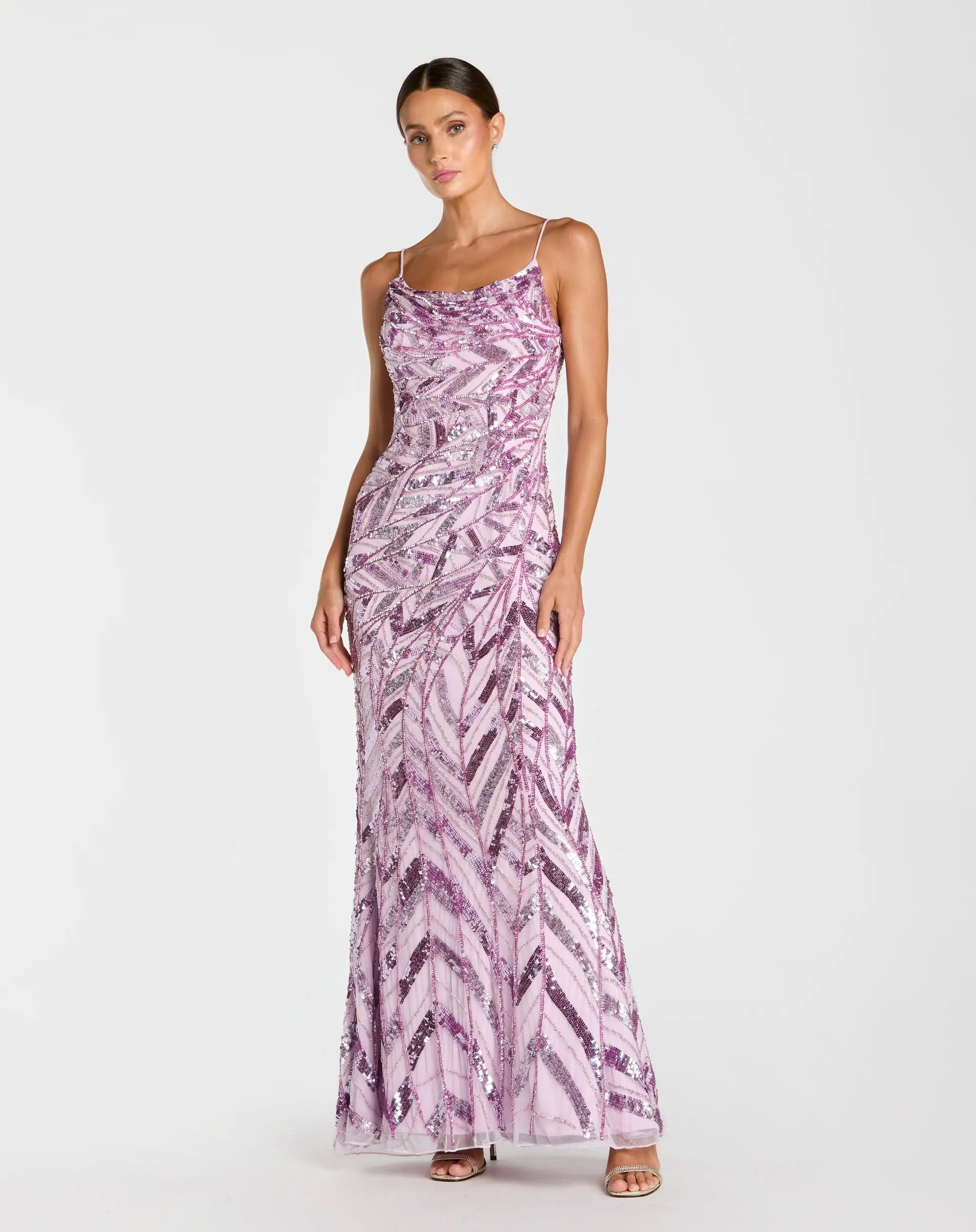 Image of Purple Sleeveless Cowl Back Embellished Gown