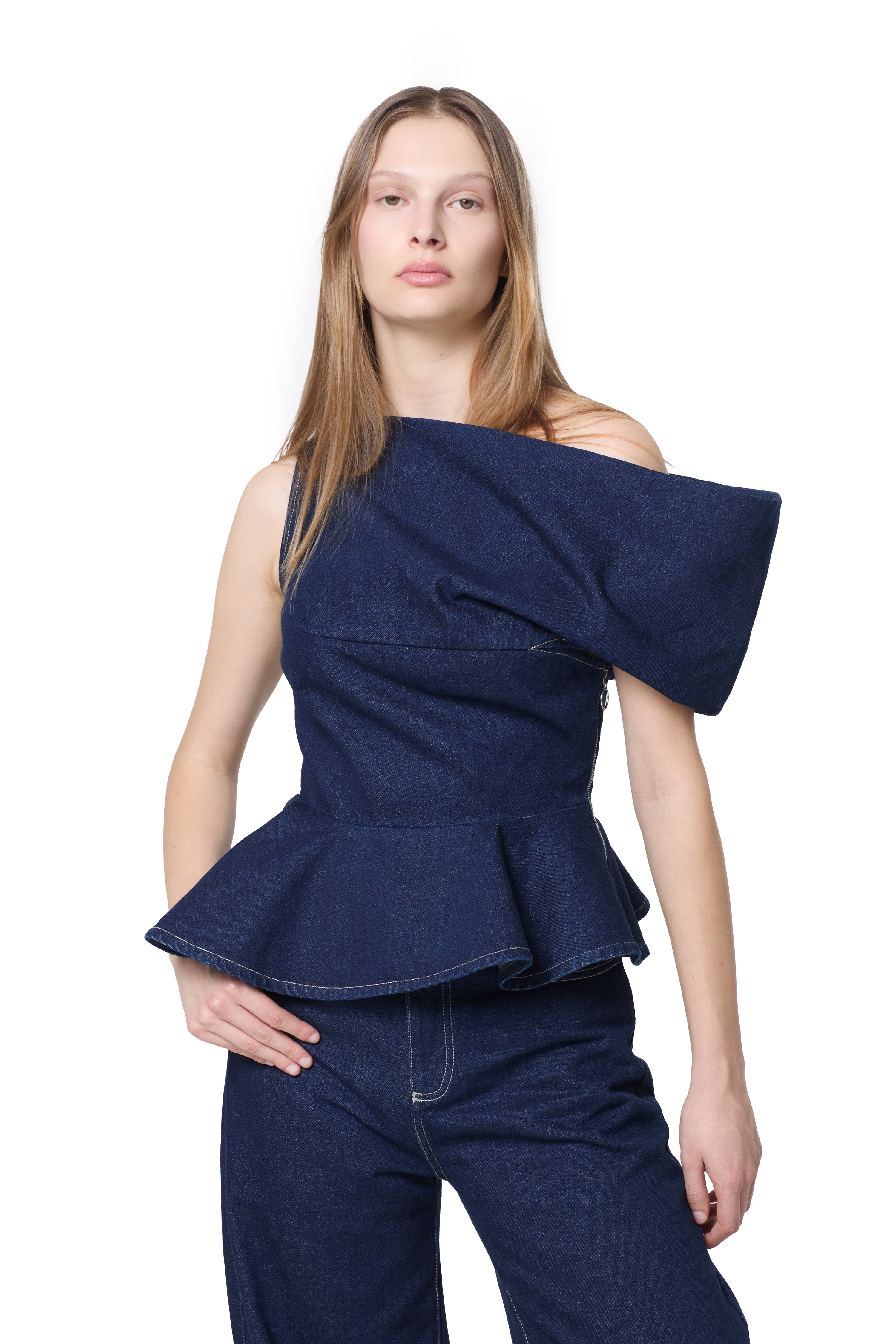 INDIGO DENIM OFF SHOULDER ASYMMETRIC TOP