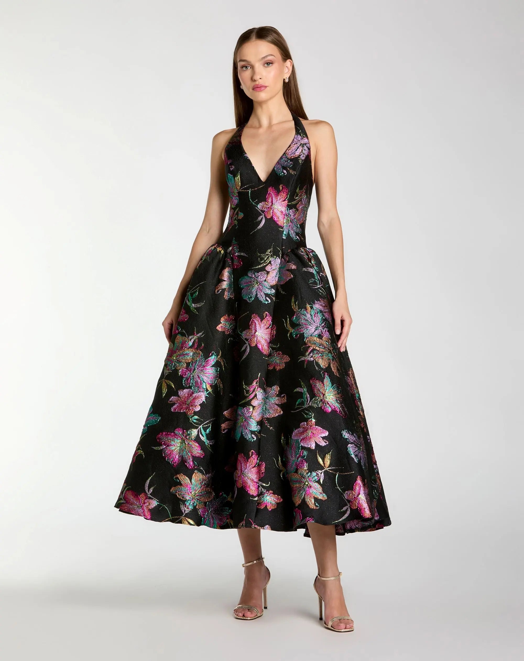 Image of Black Brocade Halter Neck Open Back Midi Dress