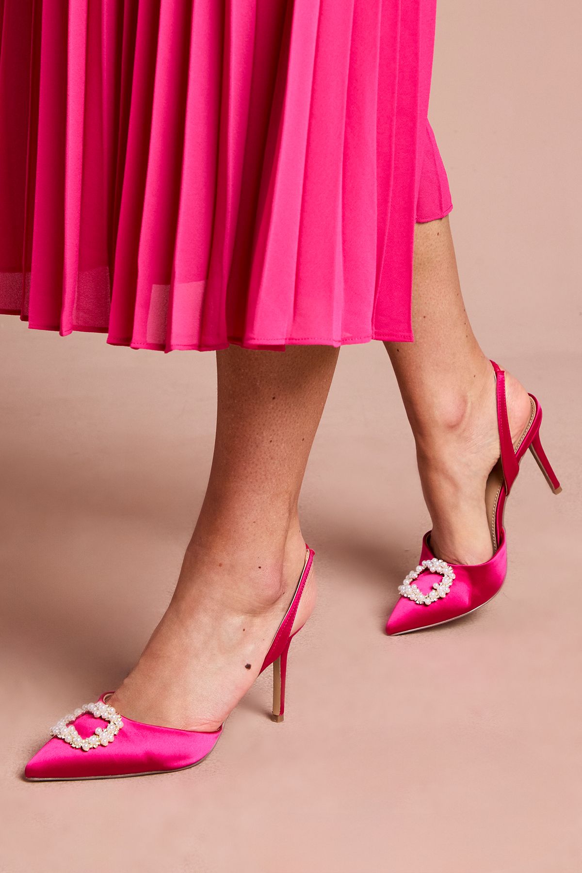 Selene Satin Pearl Trim Slingback High Heel Court Shoes