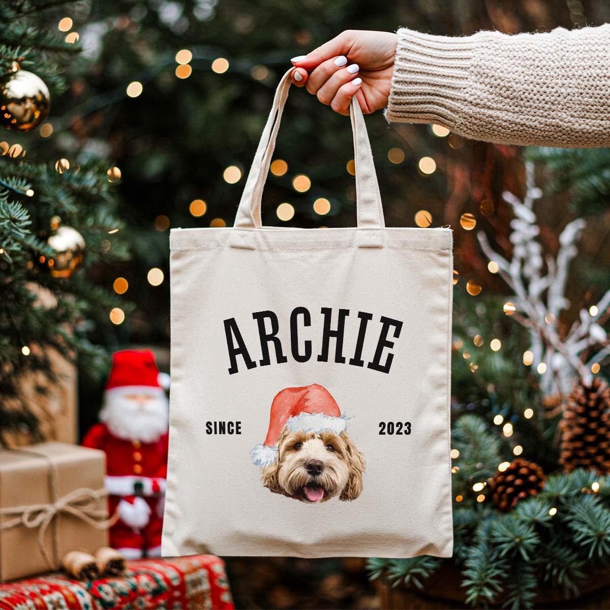 Image of Personalised Tote Bag with Pet in Christmas Hat