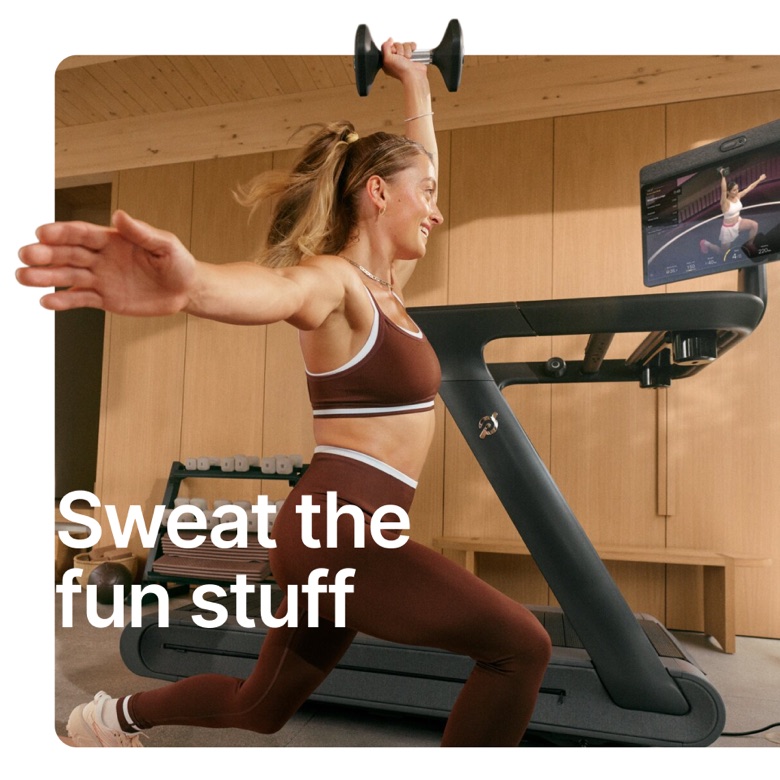 Sweat the fun stuff. A Peloton member training with dumbbells on the Tread.