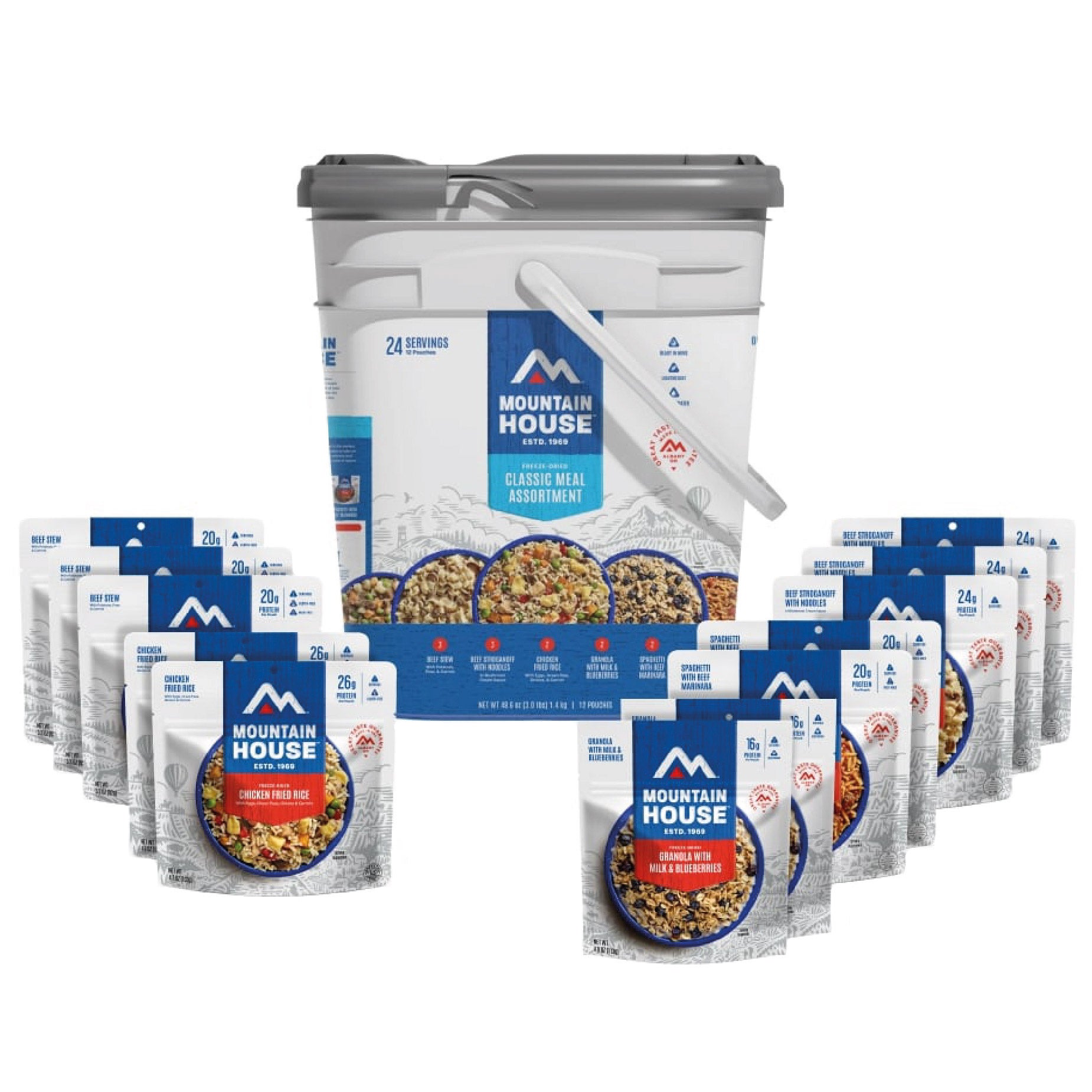Mountain House Classic Meal Assortment Bucket (24 Total Servings), Freeze-Dried Backpacking and Camping Food