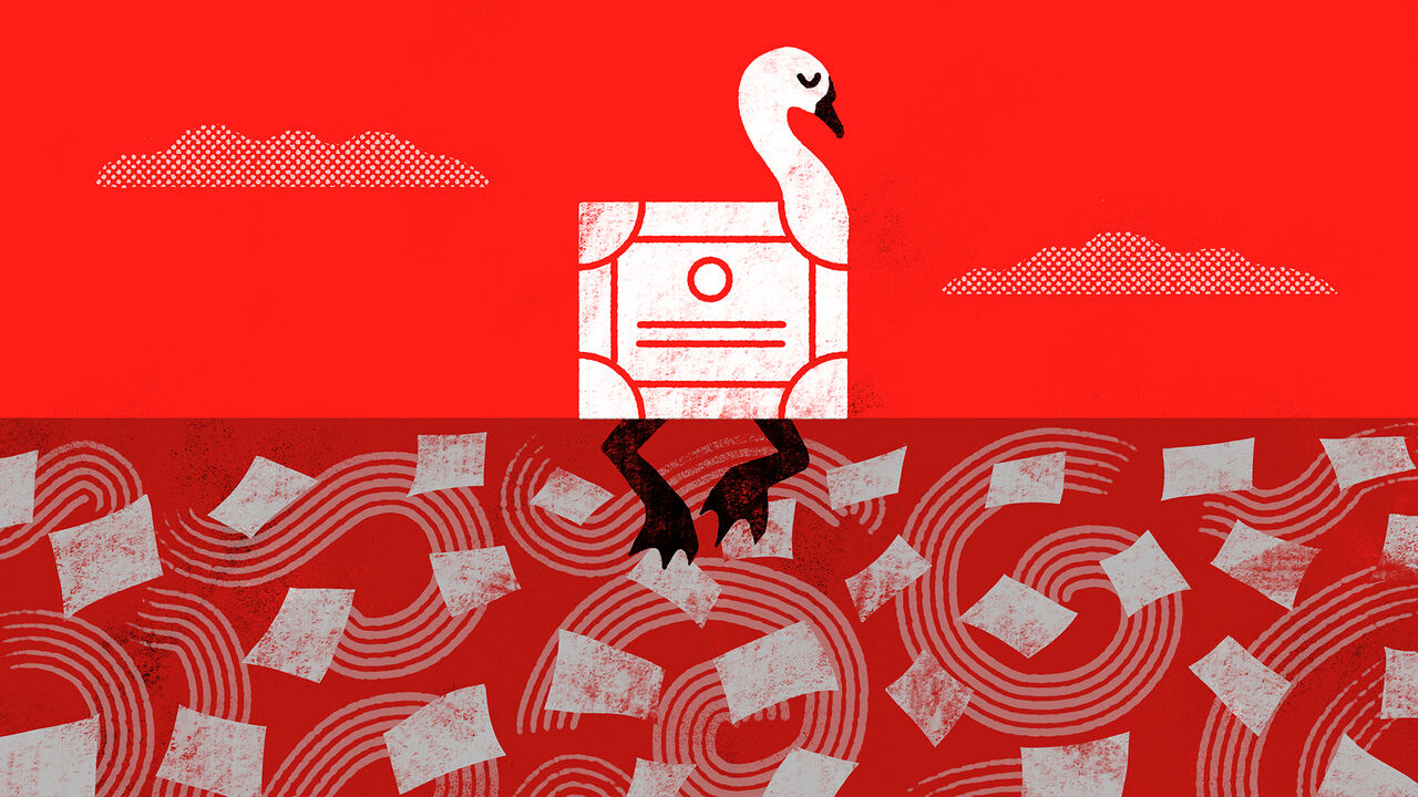 An illustration of a swan with a body shaped like a bond certificate swimming calmly over turbulent water filled with pieces of paper beneath the surface.