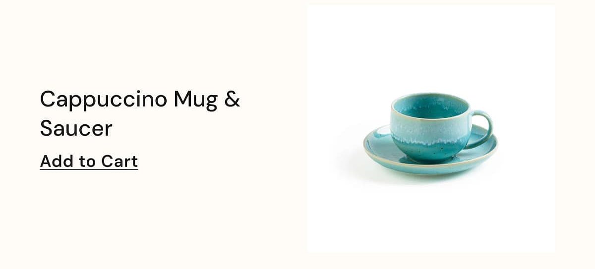 Cappuccino mug and saucer in teal color on a light background.