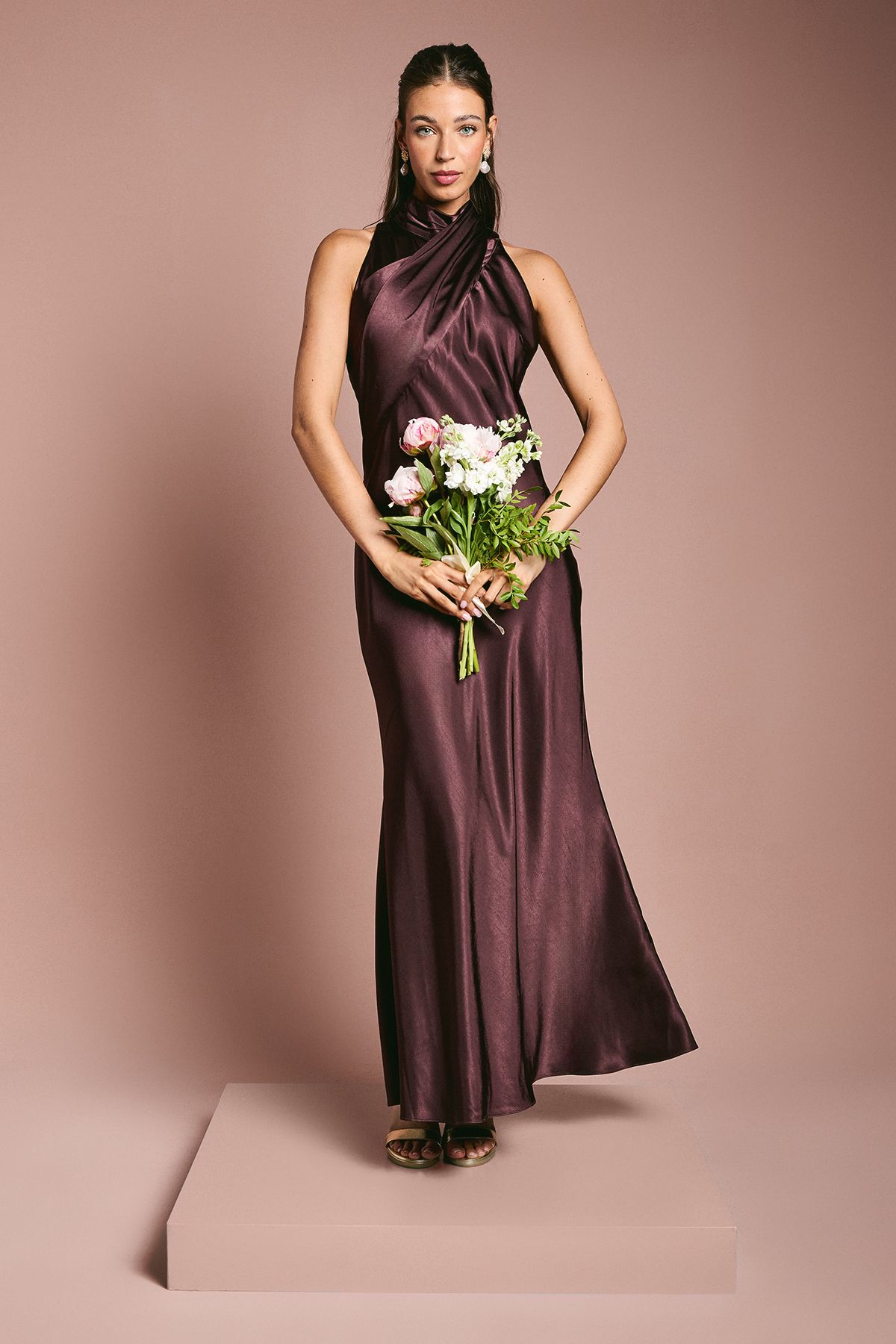 Satin Bias Cut High Neck Fishtail Bridesmaid Maxi Dress