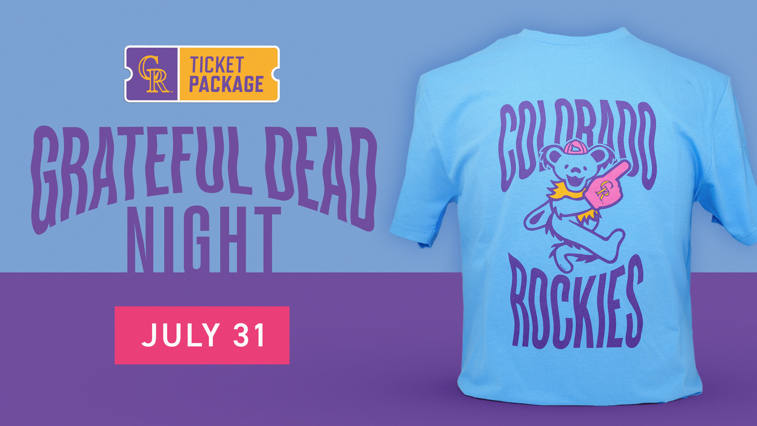 Purchase Grateful Dead Night ticket package on Friday, July 31 to receive limited-edition Grateful Dead-themed Rockies t-shirt.