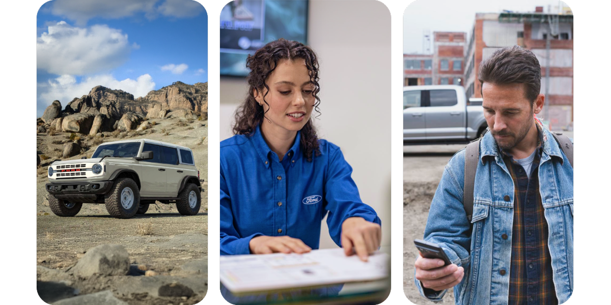 A Ford Bronco&reg; SUV in a rocky landscape A Ford Service technician pointing to a document A man looking at his phone with a Ford F‑150&reg; truck in the background