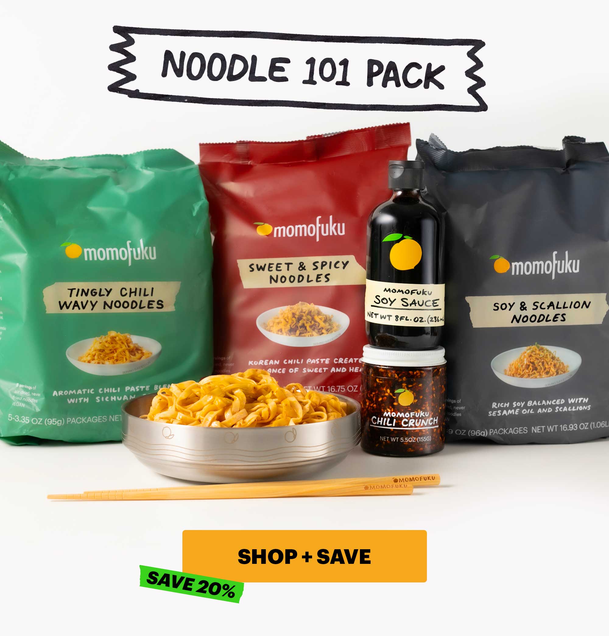 Sub-header: Noodle 101 Pack  CTA: SHOP + SAVE. SAVE 20% 