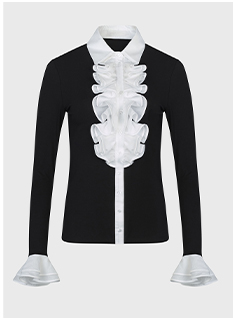 Black Jersey Shirt With White Ruffle Details