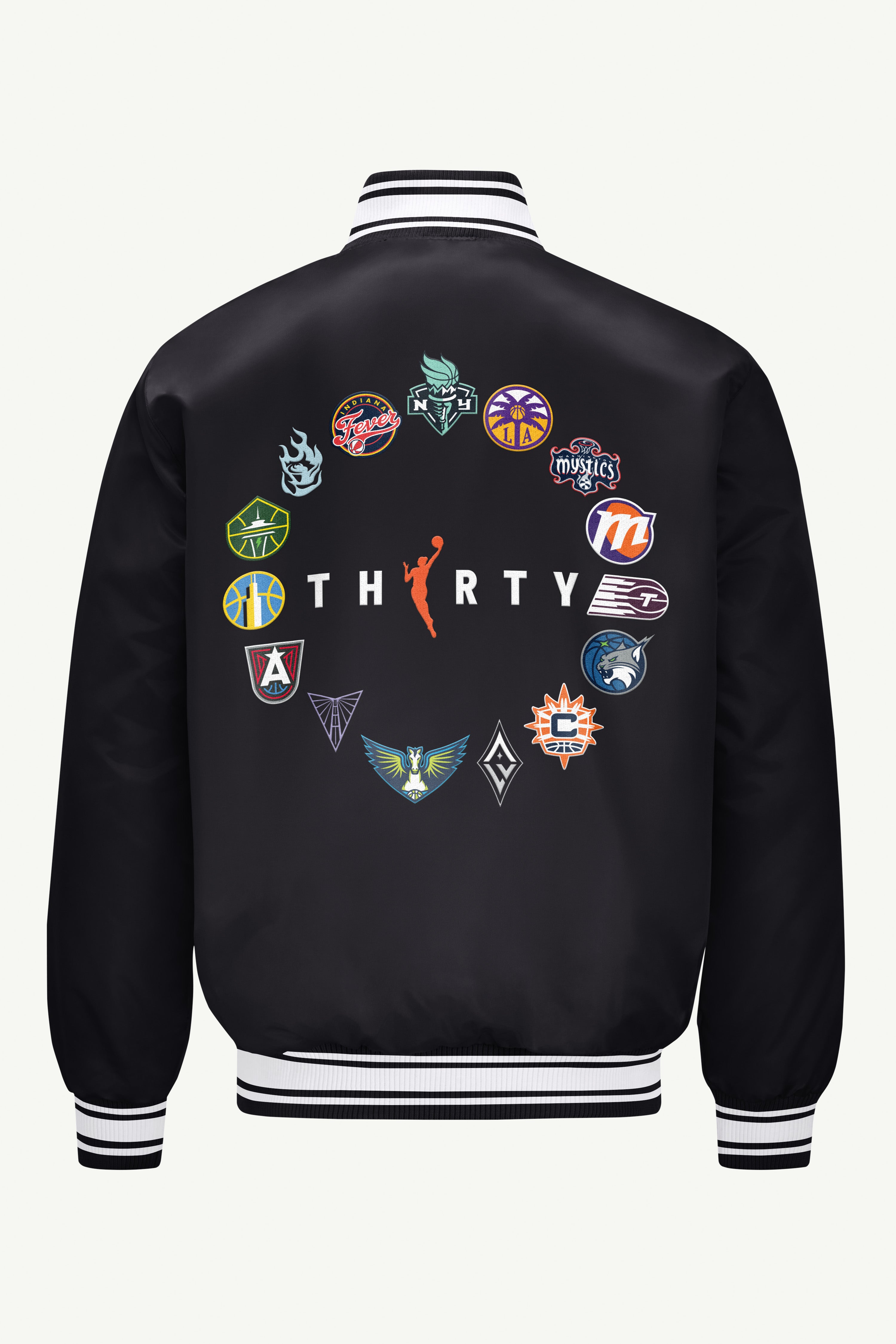 Image of WNBA 30TH ANNIVERSARY EMBROIDERED SATIN VARSITY JACKET