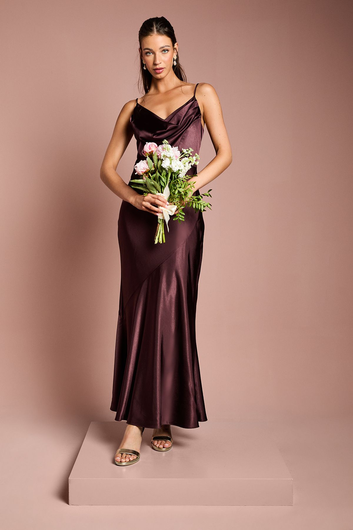 Satin Strappy Cowl Neck Fishtail Maxi Bridesmaids Dress
