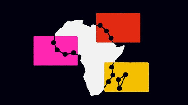 Illustration of a silhouette of Africa on a black background, with black dots connected by lines across parts of the map. Three colored rectangles overlap the map and contain sections of the connected-dot pattern.
