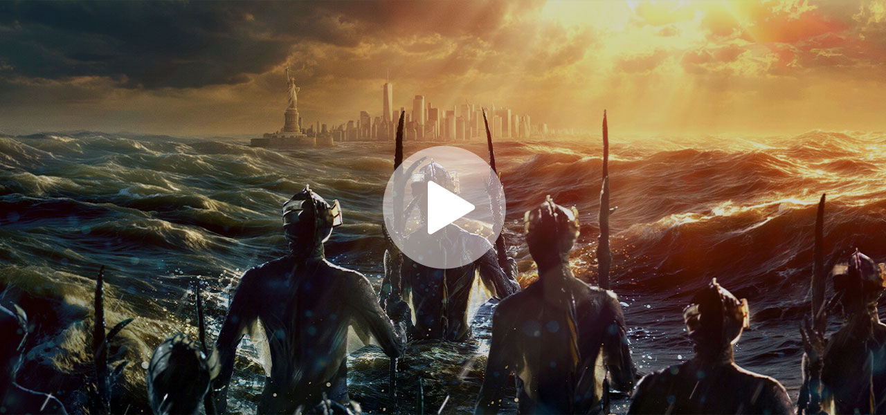 Thumbnail for the trailer for The War Between the Land and the Sea, a group of Homo-Aqua stide through the sea to a human city in the distance
