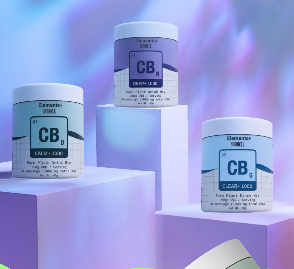 Three jars of drink mix labeled Calm, Deep, and Clear on white pedestals with a colorful background.