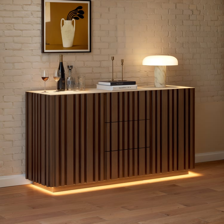 Aura 60" Walnut Faux Travertine Sideboard with Ash Wood Slatted Doors & LED Light