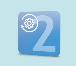 Blue icon with the number 2 and a gear symbol, indicating a second step or configuration.