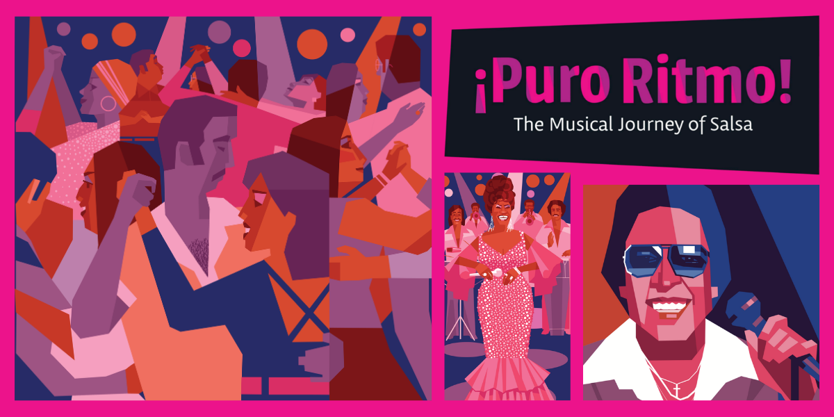 ¡Puro Ritmo! The Musical Journey of Salsa illustrations featuring abstract imagery of couples dancing salsa and musicians 