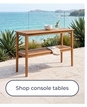 Wooden console table on patio. Image Text: Shop console tables