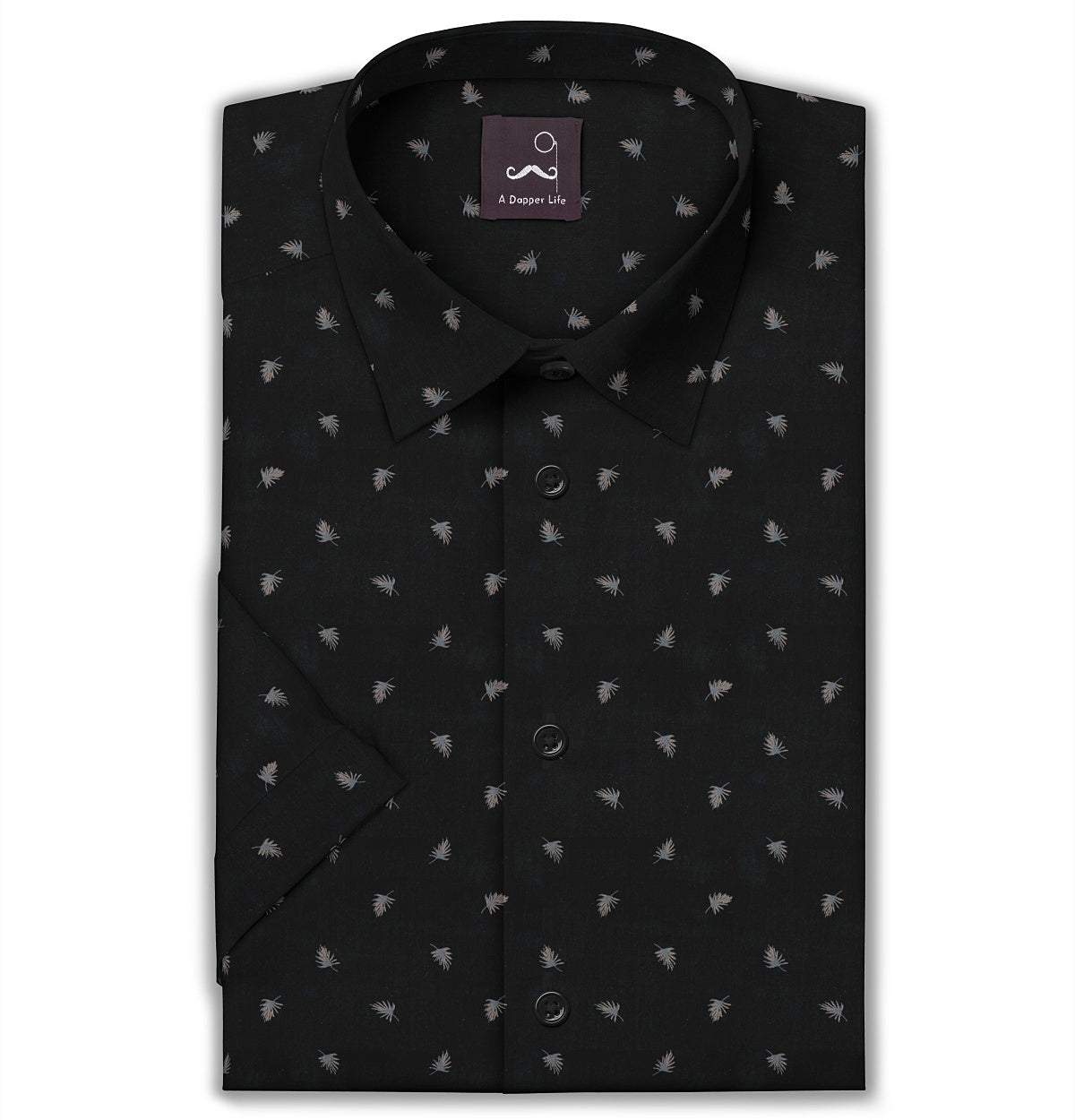 Image of Pure Cotton - Semi-Spread Collar - Short Sleeve - Black Palms