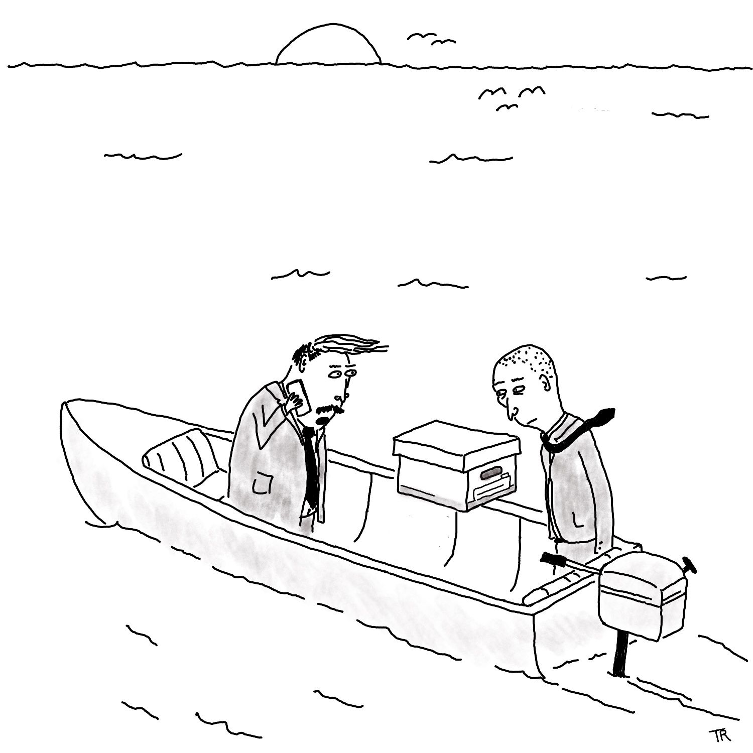 Two mobsters and a file box sit on a small motorboat in the middle of the sea. One of the men speaks on a cellphone.
