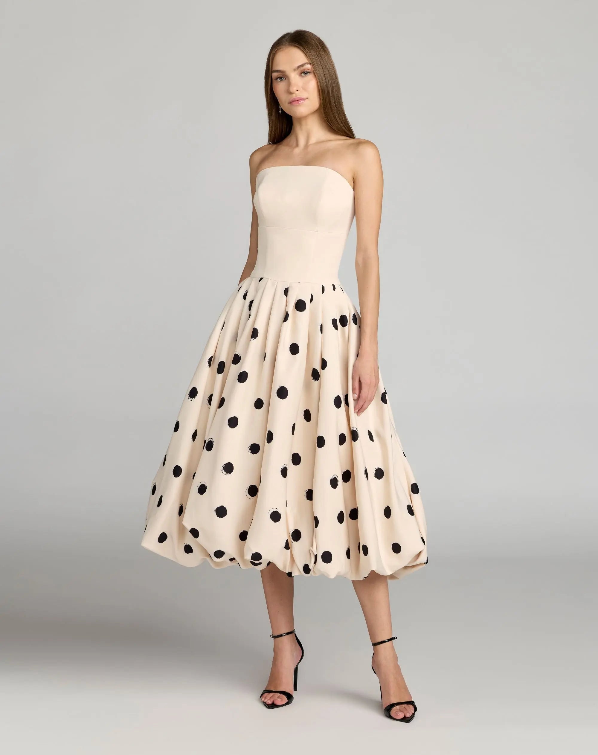 Image of Ivory Strapless Polka Dot Bubble Hem Midi Dress