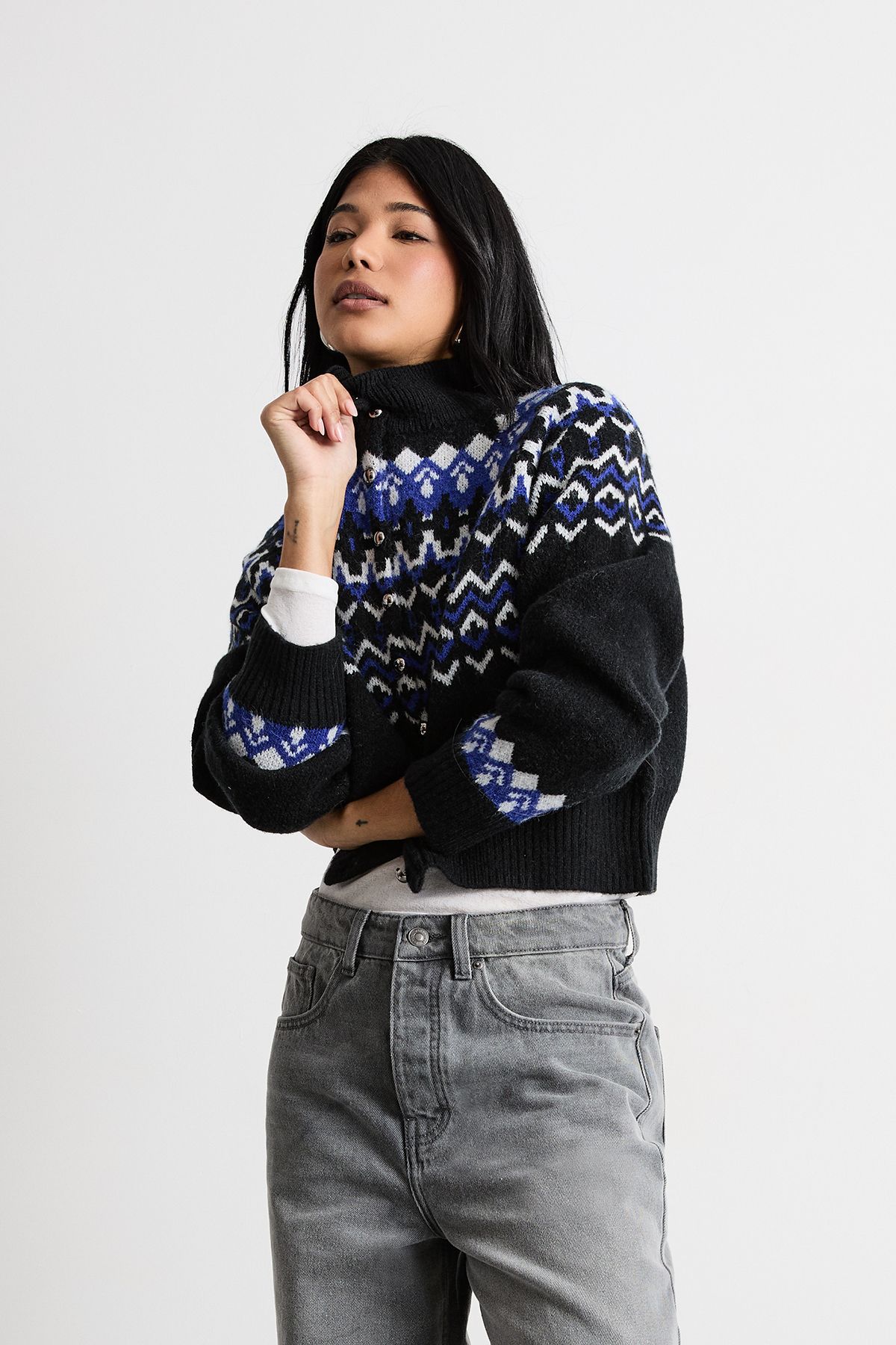 Fairisle High Neck Chunky Knit Cardigan