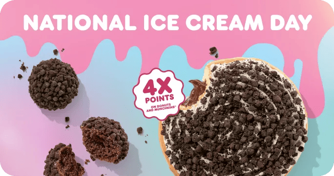 National Ice Cream Day. Image of a Ice Cream Cake Flavored Donut  and 4X points bug.