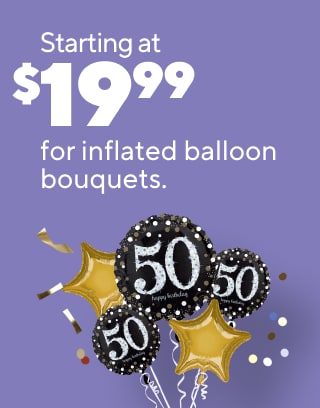 Epic parties start here
$10 off your party supplies purchase of $50 or more
Buy 2, get 1 FREE select foil balloons
Starting at $19.99 for inflated balloon bouquets
40% off custom cards, photo gifts, banners, posters & yard signs