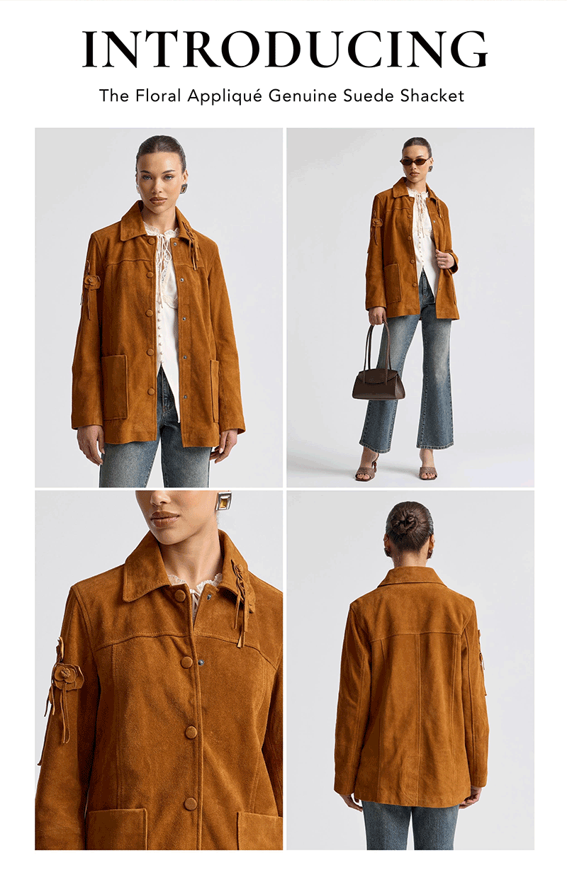 INTRODUCING The Floral Appliqué Genuine Suede Shacket