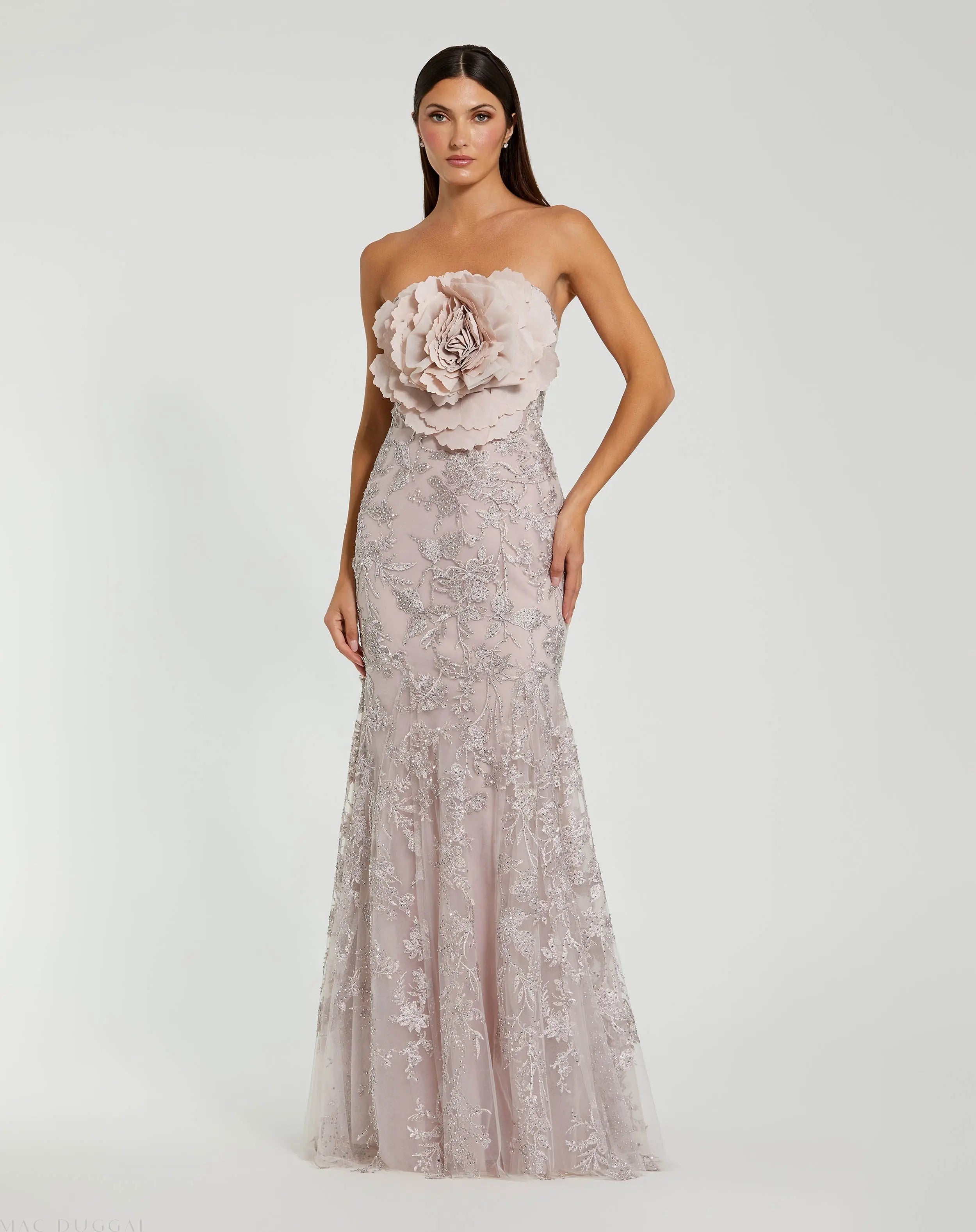 Image of Pink Strapless Lace Embellished Trumpet Gown With 3D Flower