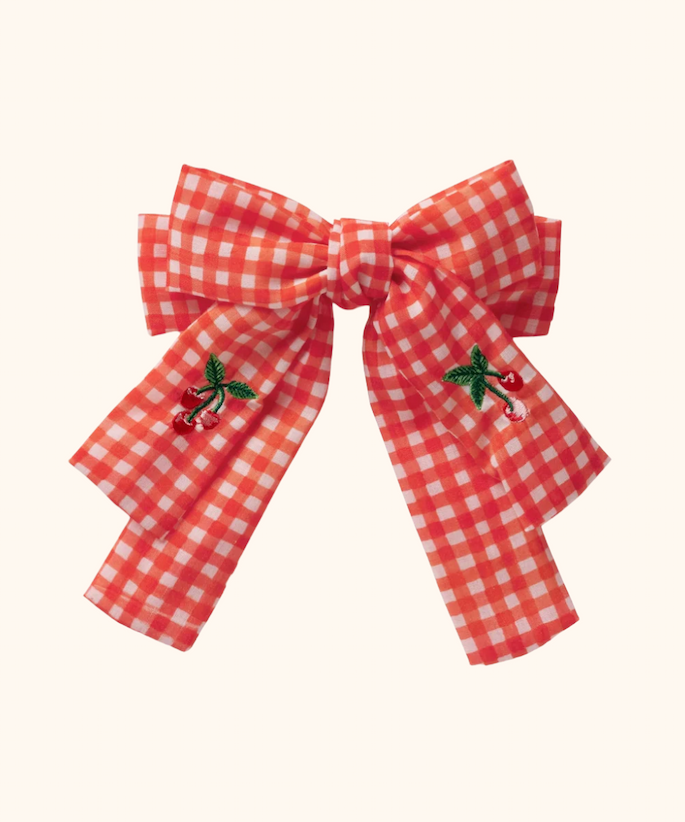 Gingham Cherries Embroidered Hair Bow