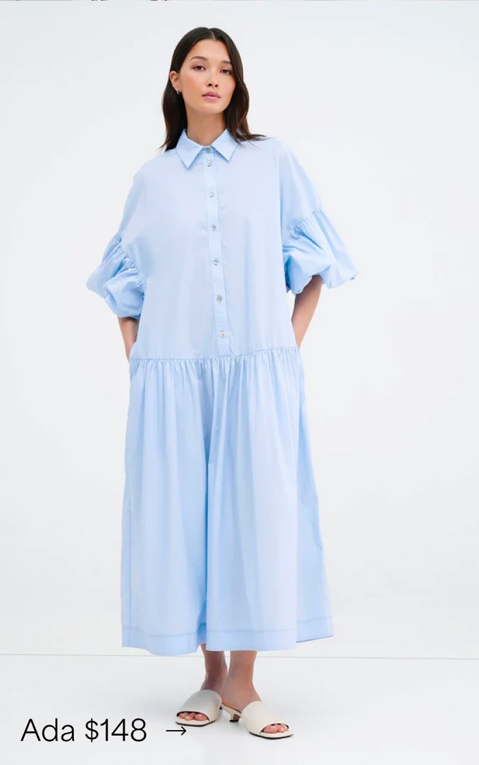 Yada wears The Ada Dress with puff sleeves, labeled “Ada $148.”