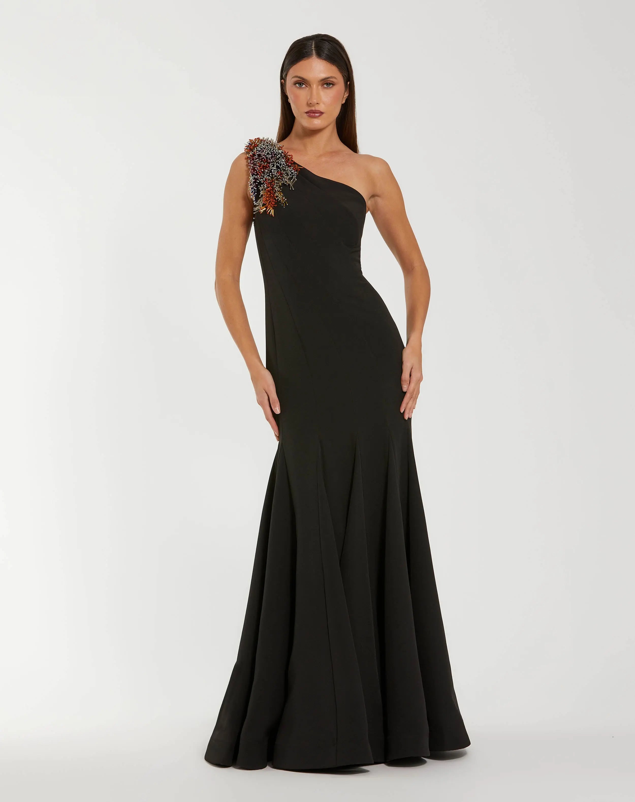 Image of Black One Shoulder Beaded Mermaid Gown