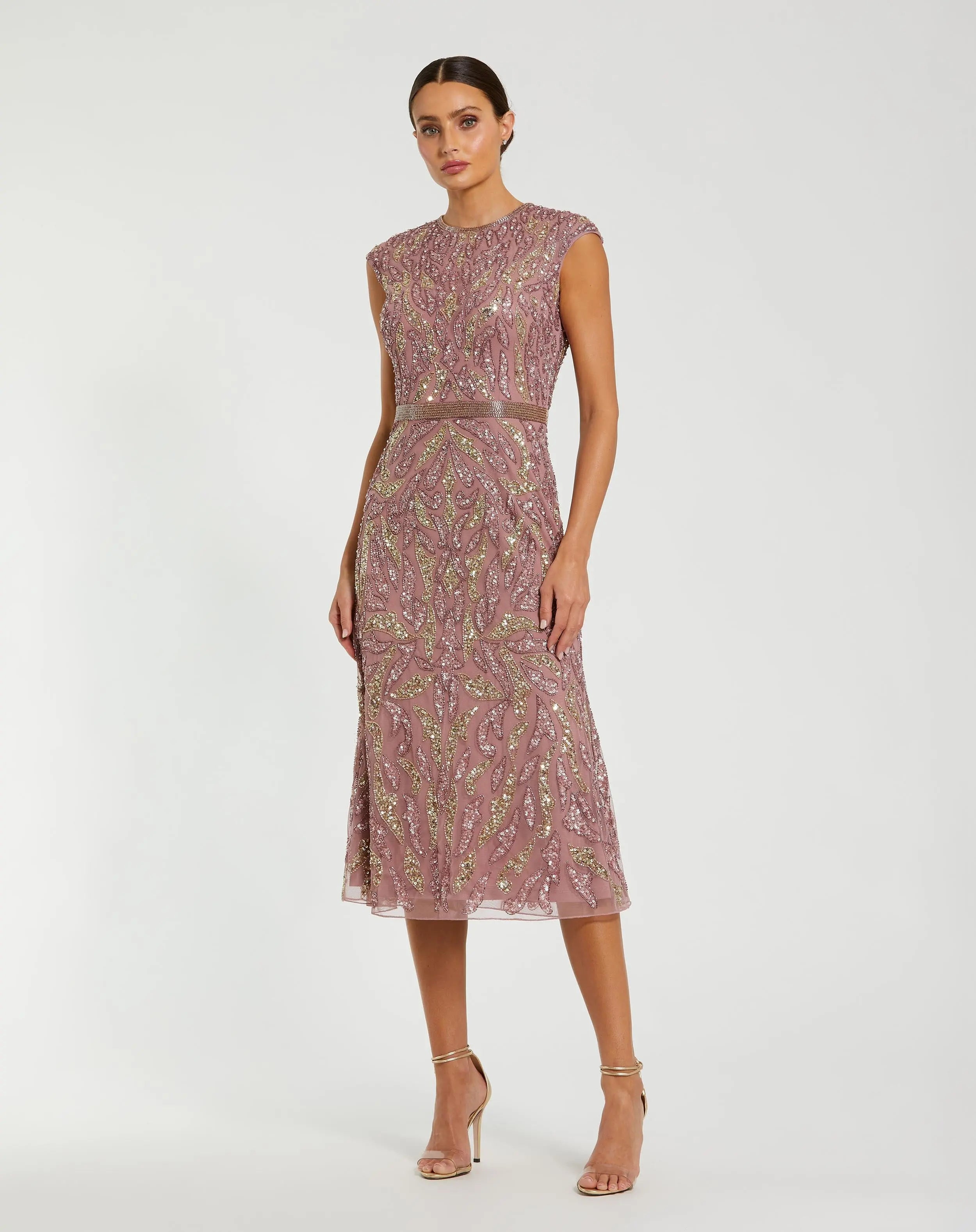 Image of Purple Sequin Embellished High Neck Midi Dress