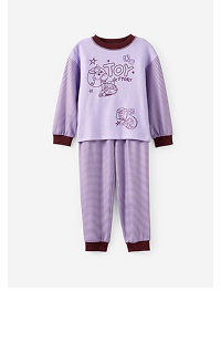 Purple long-sleeve pajama set with burgundy trim and graphic design on chest