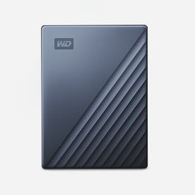 A WD My Passport external hard drive in a dark grey finish with a diagonal ribbed design.