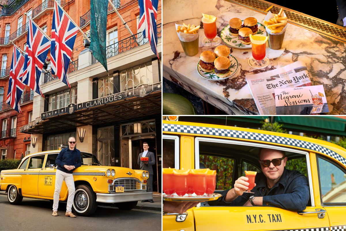 Collage with images of Linden Pride, Dante's owner, at Claridge's