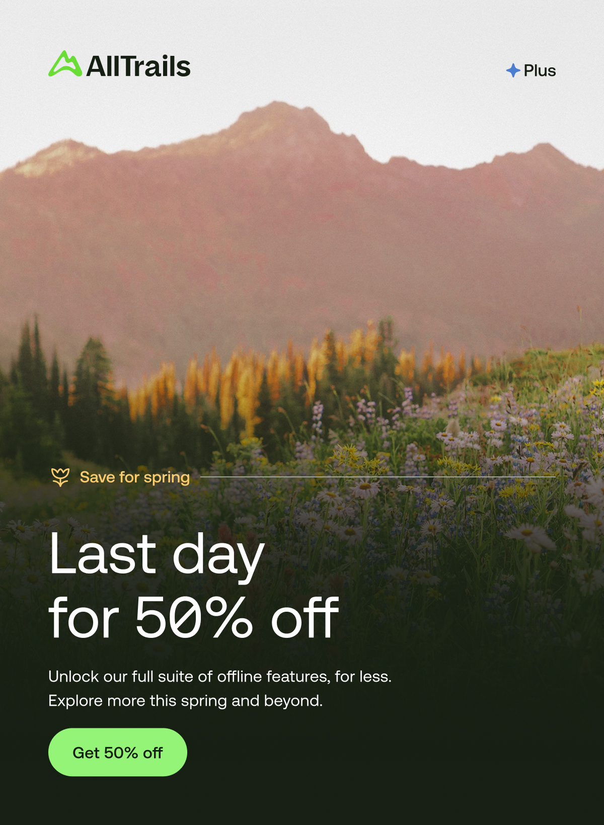 Hello, Spring. Last day for 50% off. Unlock our full suite of offline features, for less. Explore more this spring and beyond.