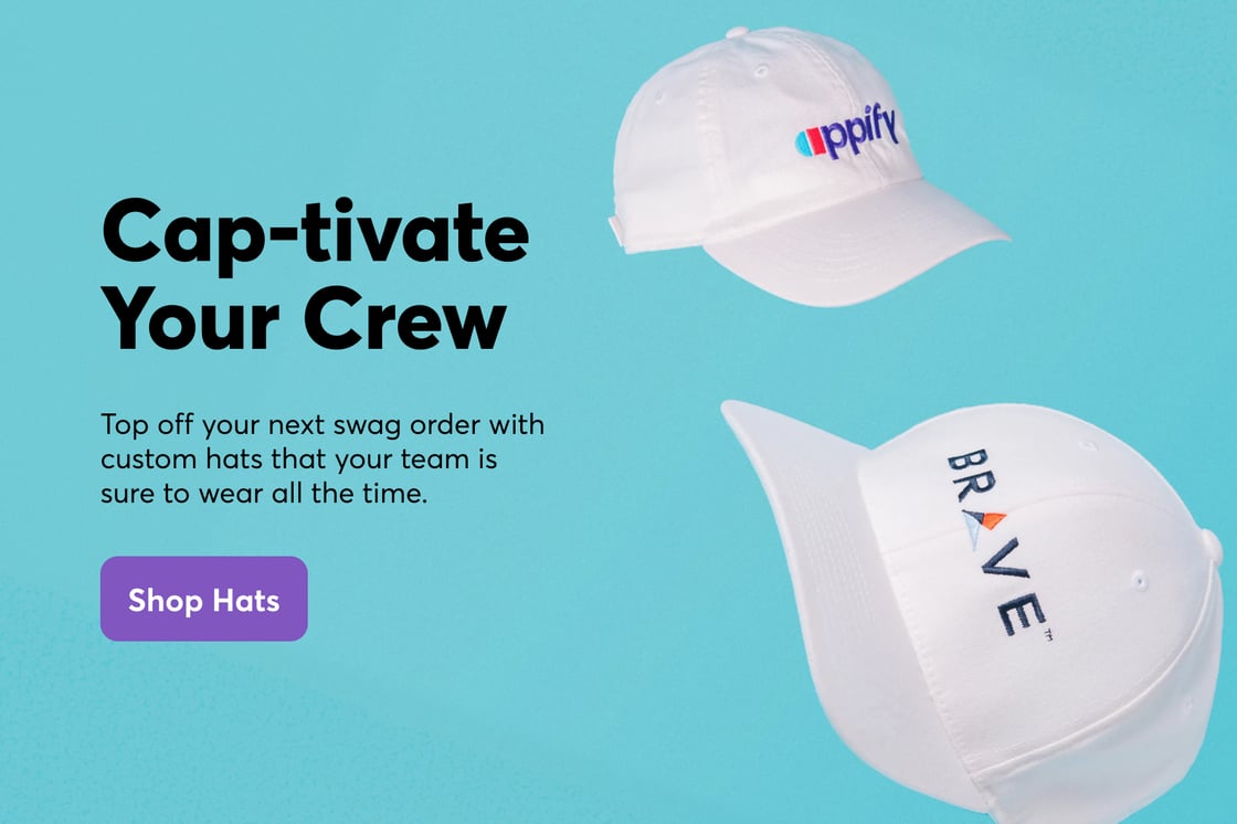 Customized white hats on a blue background with a purple button that says "Shop Hats."