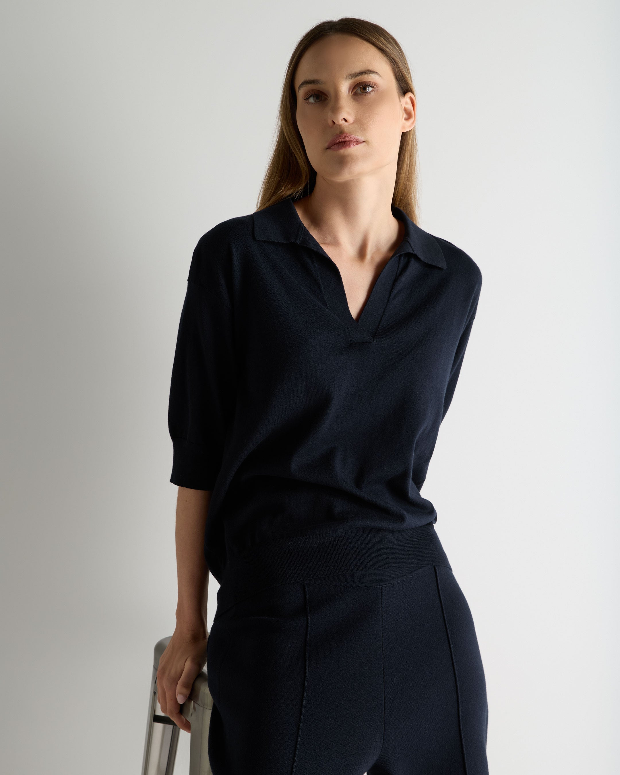 Image of Women's Cotton Blend Polo Top Navy Blue