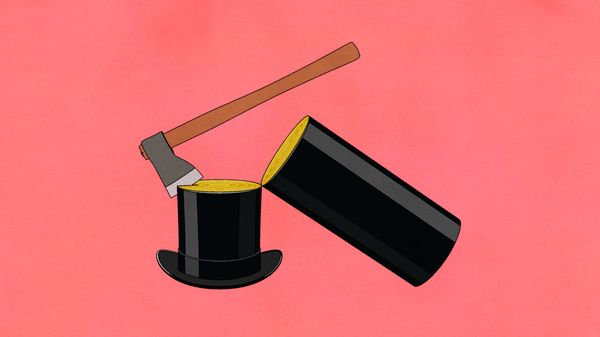 Illustration of a top hat that has been chopped down like a log with an axe sticking out of the stump
