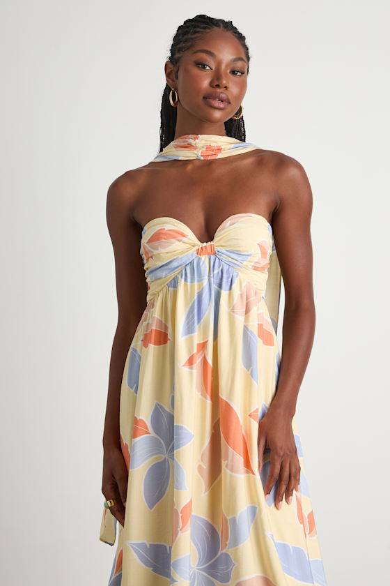 Image of Kelia Light Yellow Leaf Print Midi Dress and Scarf Set