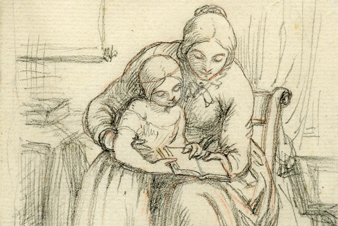 Sketch of a woman and child sat reading a book together.