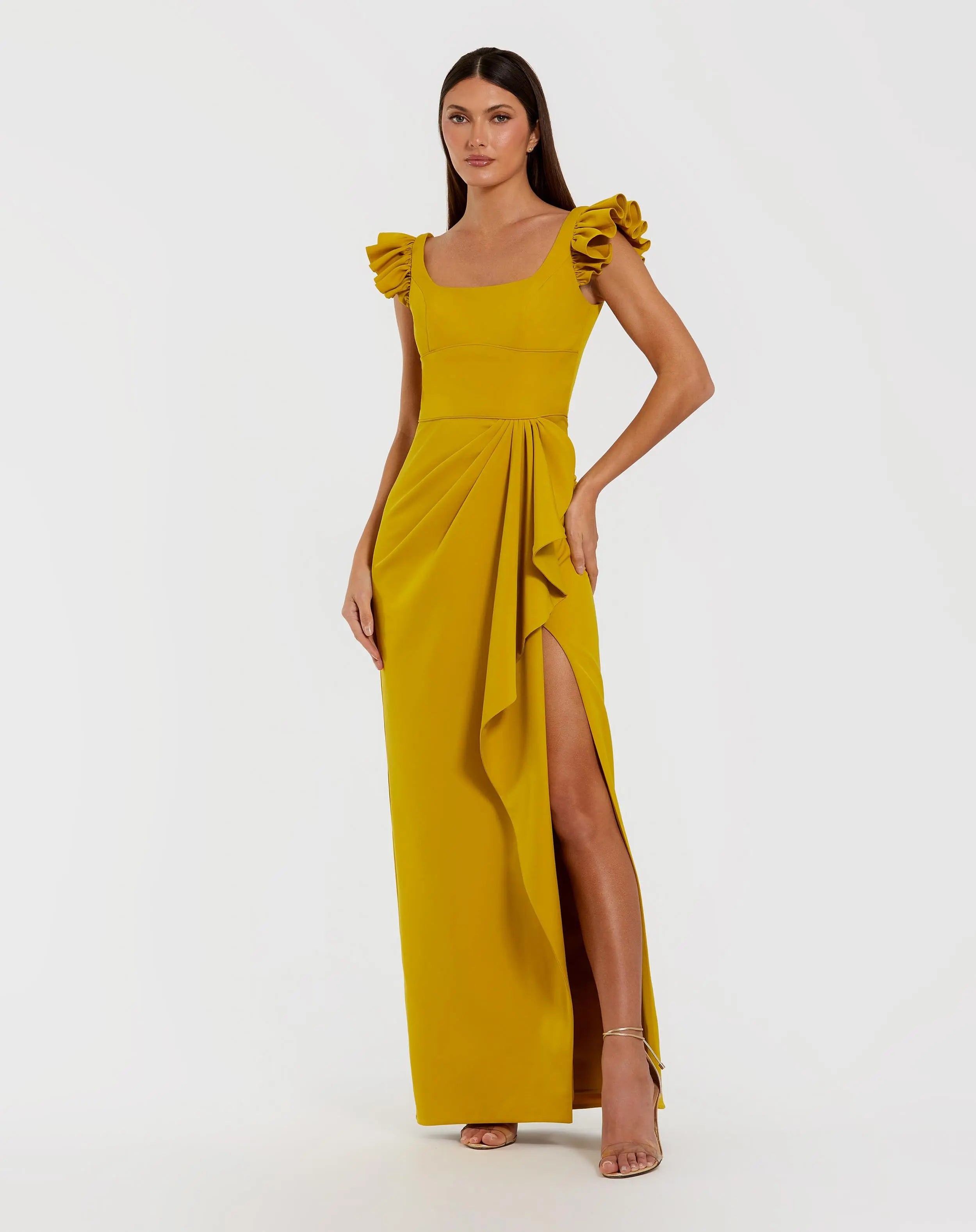 Image of Yellow Square Neck Ruffle Slit Gown